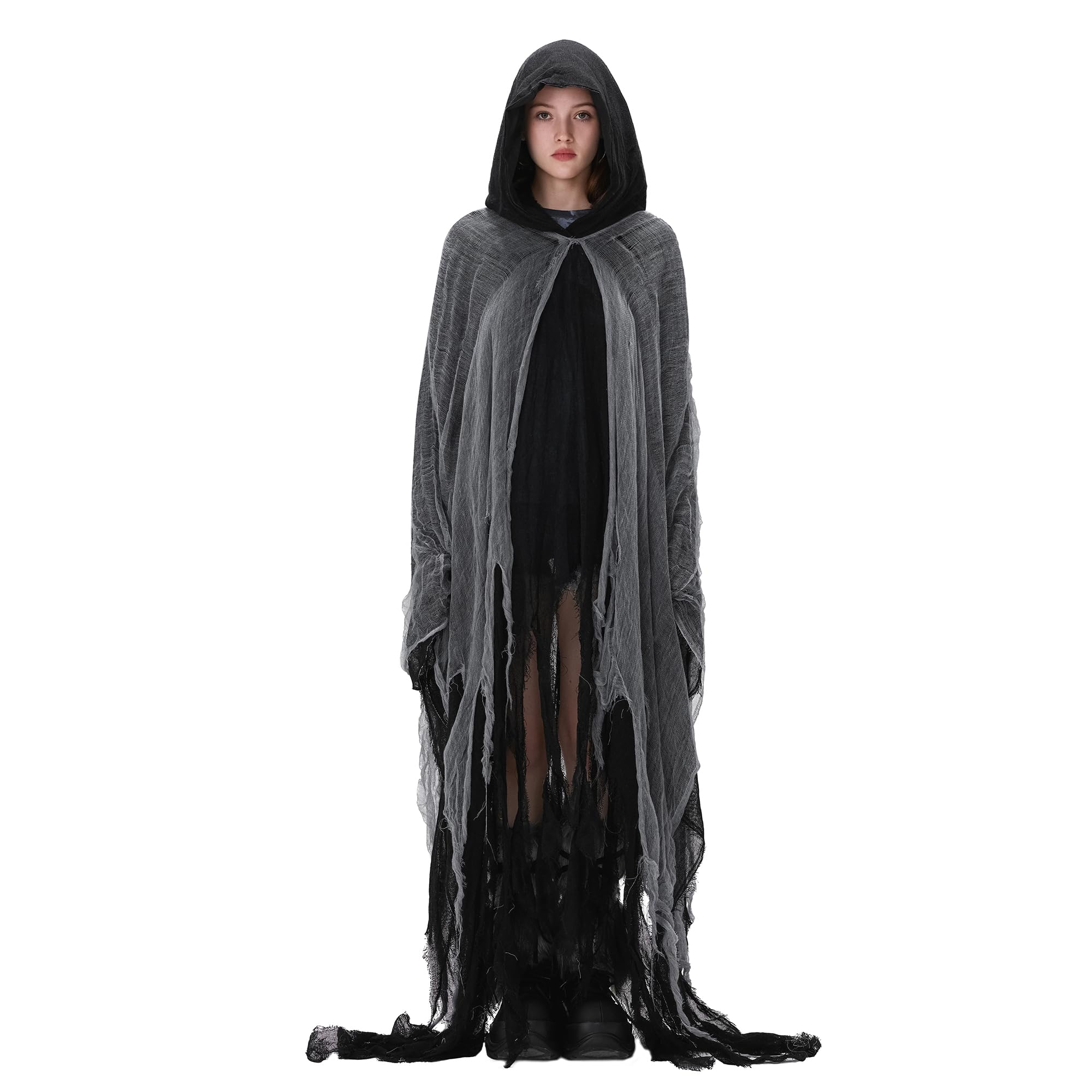 SANSIWU Women's Halloween Ripped Witch Cloak Adults Terrifying Reaper Ghost Cape Medieval Renaissance Scream Grim Cosplay Outfits (A-Black
