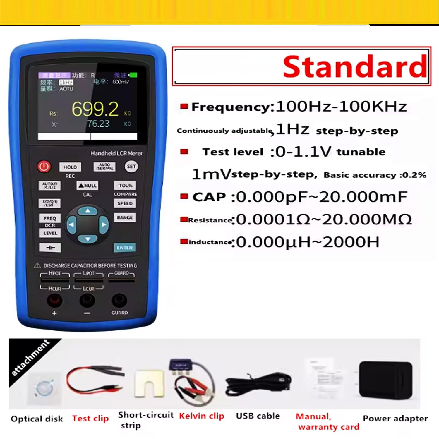 Digital LCR Meter Continuously Adjustable LCR Bridge LCR Tester Inductance Resistance Capacitance Measurement with Frequency 100Hz-100KHz Accuracy 0.2% Testing Level 0-1V USB Interface RS232C
