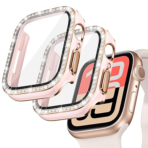 Goton 2-Pack Bling Case for Apple Watch Screen Protector 44mm SE 3/2/1, Series 6 5 4, Women Glitter Diamond Rhinestone Bumper Face Cover for iWatch Accessories 44 mm - Pink+Pink - 44mm
