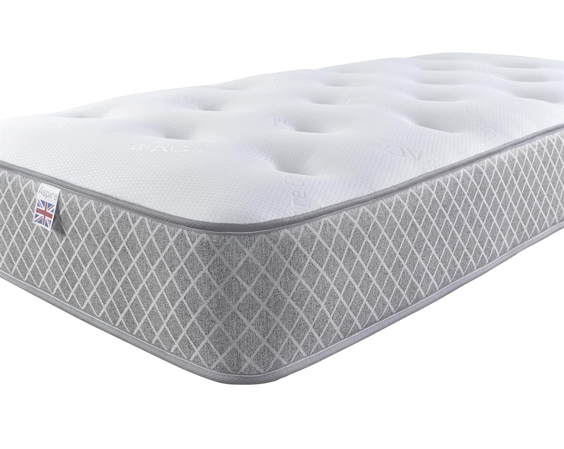 Aspire Beds Quad Comfort Eco Fillings & AC Aspire-Cool Touch Crystal Ortho Luxury Quilted Sleep Surface Hybrid Bonnell Sprung Premium Mattress, Grey Border, 3ft Single (3ft x 6ft3)