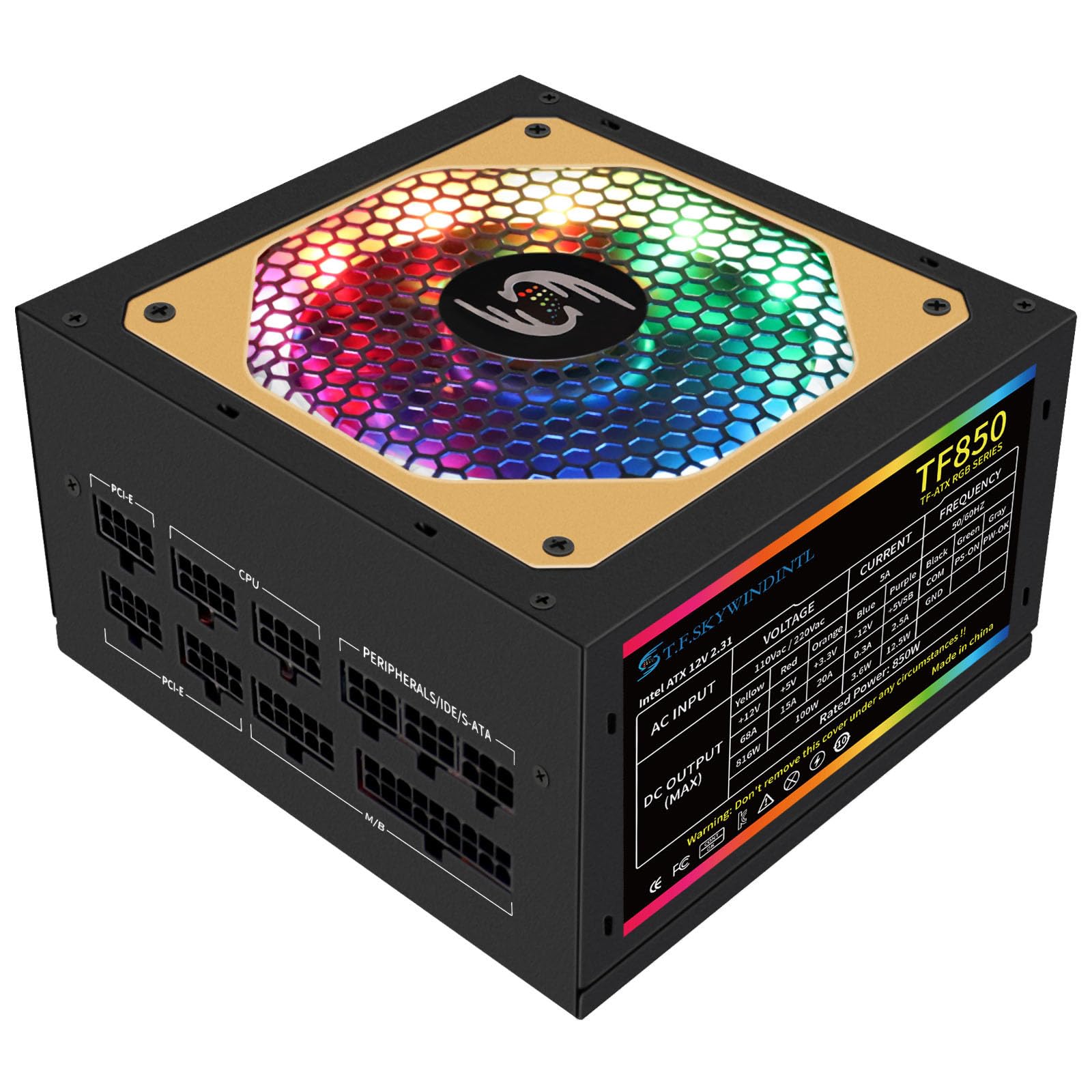 850W Power Supply RGB Fully Modular Gaming PSU Full Voltage 110-240V Computer Power Supplies with 24pin Motherboard Power Whisper-Quiet 120mm FDB Fan Active PFC for Desktop PC