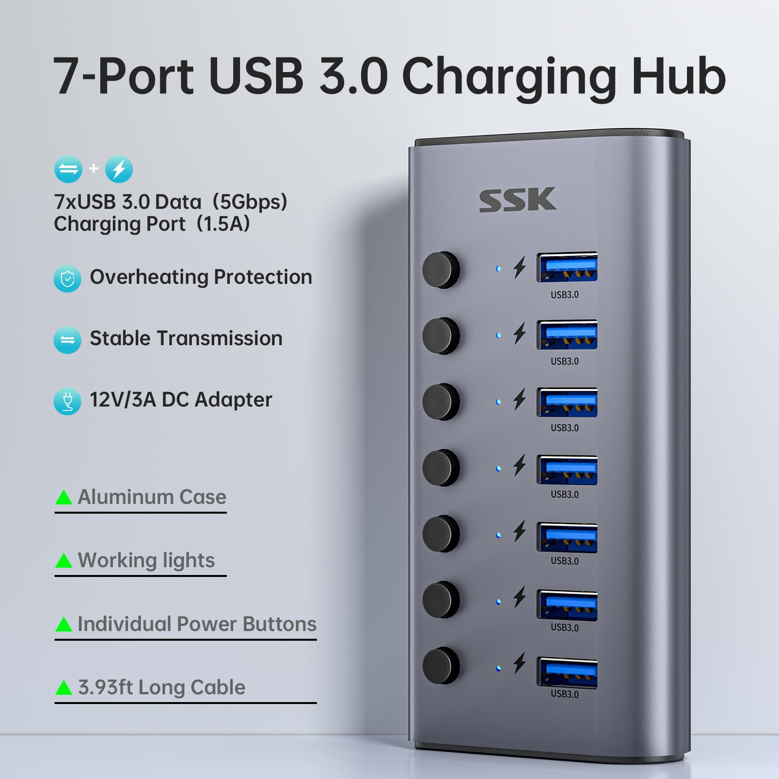 SSK 7-Port Powered USB 3.0 Hub, Aluminio Divisor de Extensión USB con interruptores de alimentación Individuales y Leds, 5Gbps de Datos USB Hub de Carga con DC12V3A Adaptador y 3.93ft Cable Largo