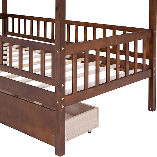 Miniatura 114 de RUNNA Marco de cama de madera de tamaño matrimonial con valla, para niños, adolescentes, niñas, niños, (Natural-Thinck 4col) Natural-Thinck