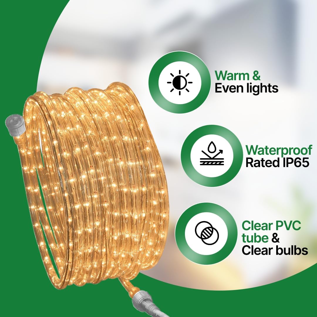 Tupkee Incandescent Rope Light Clear - 24 Feet (7.3 m), for Indoor and Outdoor use - 10MM Diameter - 288 Clear Warm Incandescent Long Life Bulbs Decorative Rope Tube Lights
