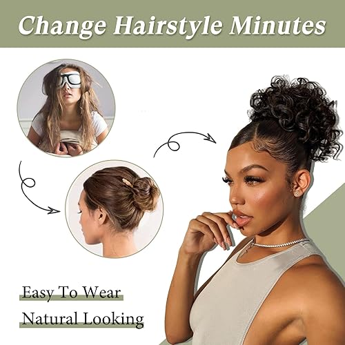 Miniatura 4 de Oseti 1 pieza de cabello desordenado con cordón elástico, grande, suelto, ondulado, sintético, corto, rizado, marrón, moño desordenado, con cordón,