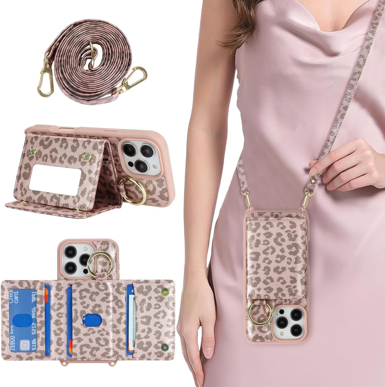 for iPhone 16 Pro Max Case with Card Holder and Strap for Women,Crossbody Lanyard, Make Up Mirror,Ring Stand,Snap Clasp,Cute Phone Wallet Cases 6.9 inch - Deep Purple