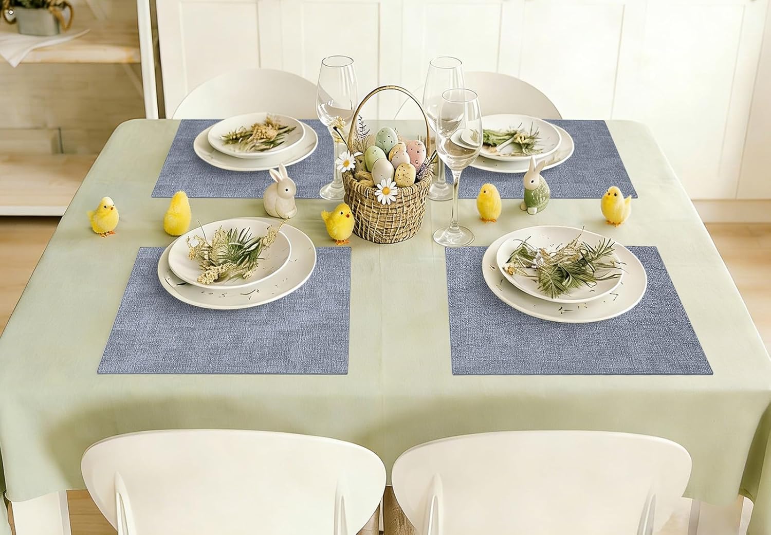 homing Faux Leather Heat Resistant Placemats 6 Packs, Waterproof Wipeable Dining PU Place Mats for Indoor & Outdoor, Easy to Clean, Denim Blue