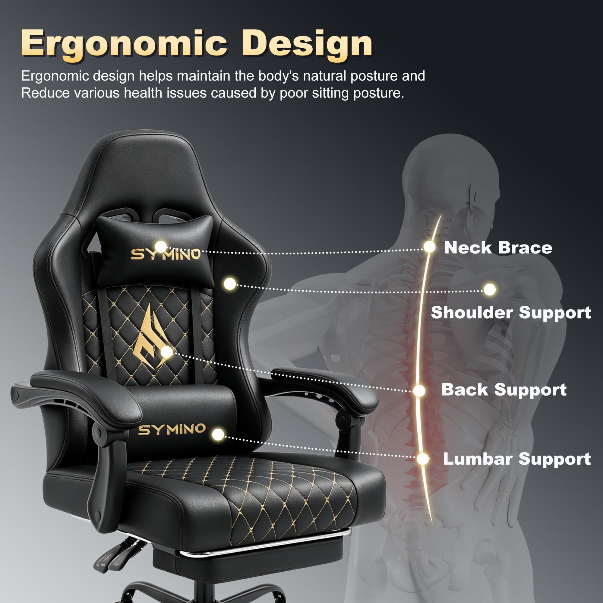 Symino Chaise de Gamer Ergonomique, Chaise Gaming avec Soutien Lombaire Repose-Pieds, Fauteuil de Bureau réglable et pivotant capacité de Charge 150 kg, Cuir PU Noir