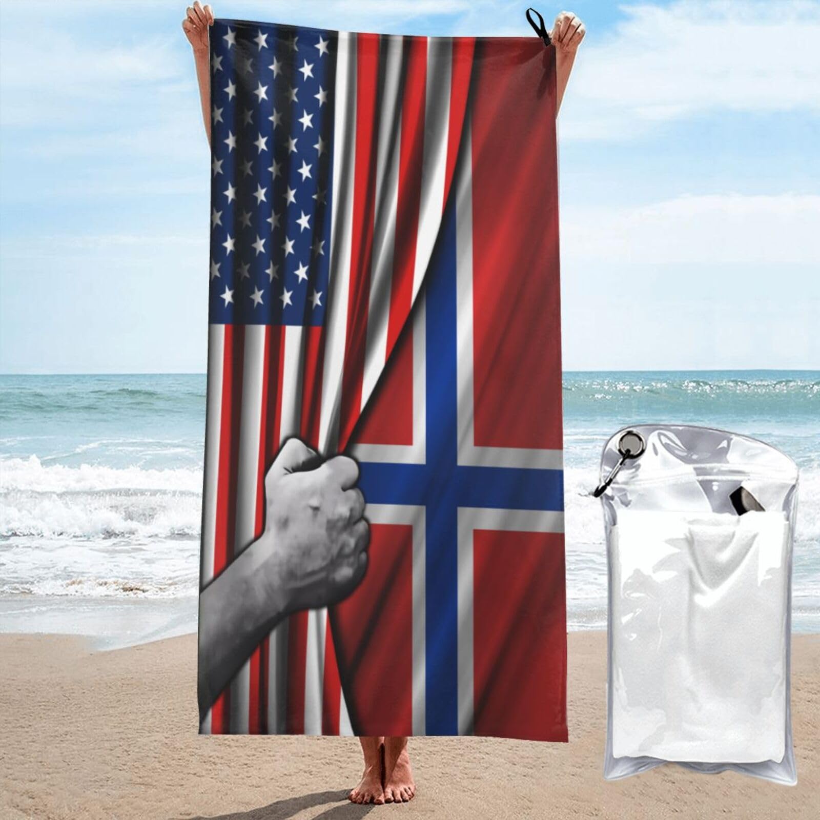 Serviette de plage USA et Norvège 70x140 cm pour piscine et camping