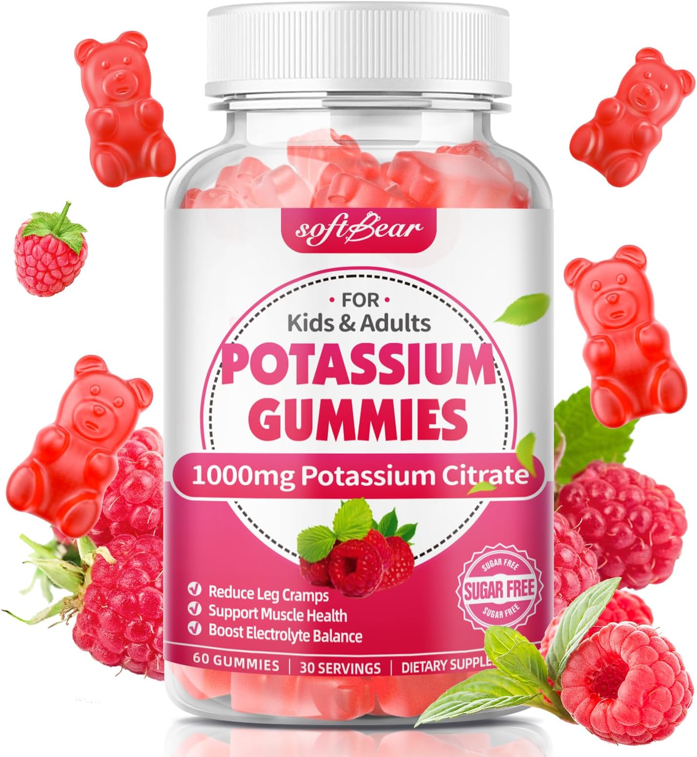 softbear Potassium Citrate 1000mg Gummies – Suagr Free Potassium Gummies for Muscle Support & Electrolyte Balance – Potassium Supplement for Women & Adults, Vegan, Raspberry Flavor (60 Count)