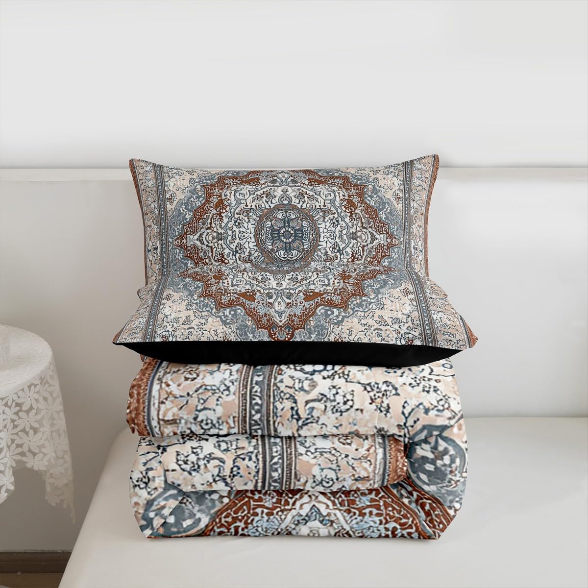 Erosebridal Boho Bedding King, Red Blue Mandala Comforter Set for Men Women, Retro Gray Floral Exotic Bohemian Tribal Bedding Comforter Sets, Vintage Antique Damask Down Comforter