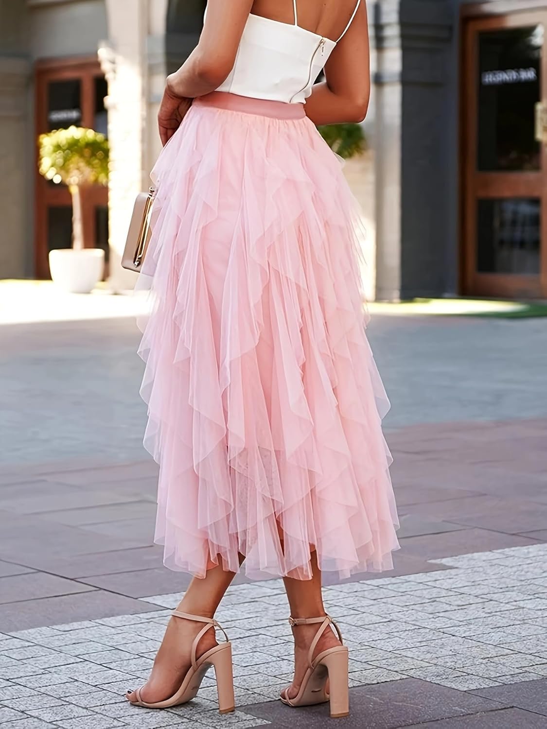 Womens Tulle Skirt A Line Midi Ruffle Mesh High Waisted Formal Fairy Flowy Tiered Skirts - Image 6