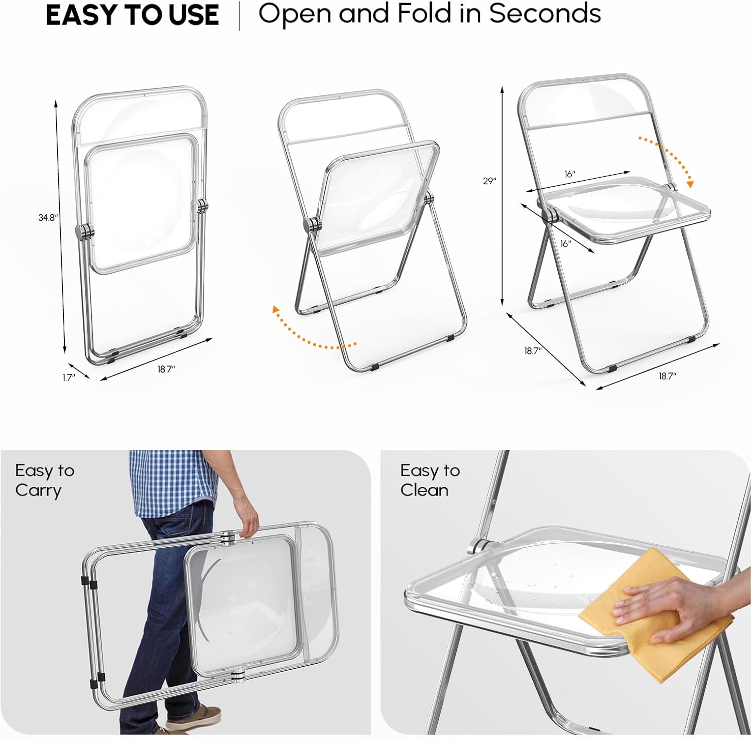 2 Pack Plastic Folding Chairs,Portable Party Chairs Stackable Commercial Folding Chairs with Steel Frame 350lbs for Home Office Outdoor Indoor Wedding Party Events,Clear White