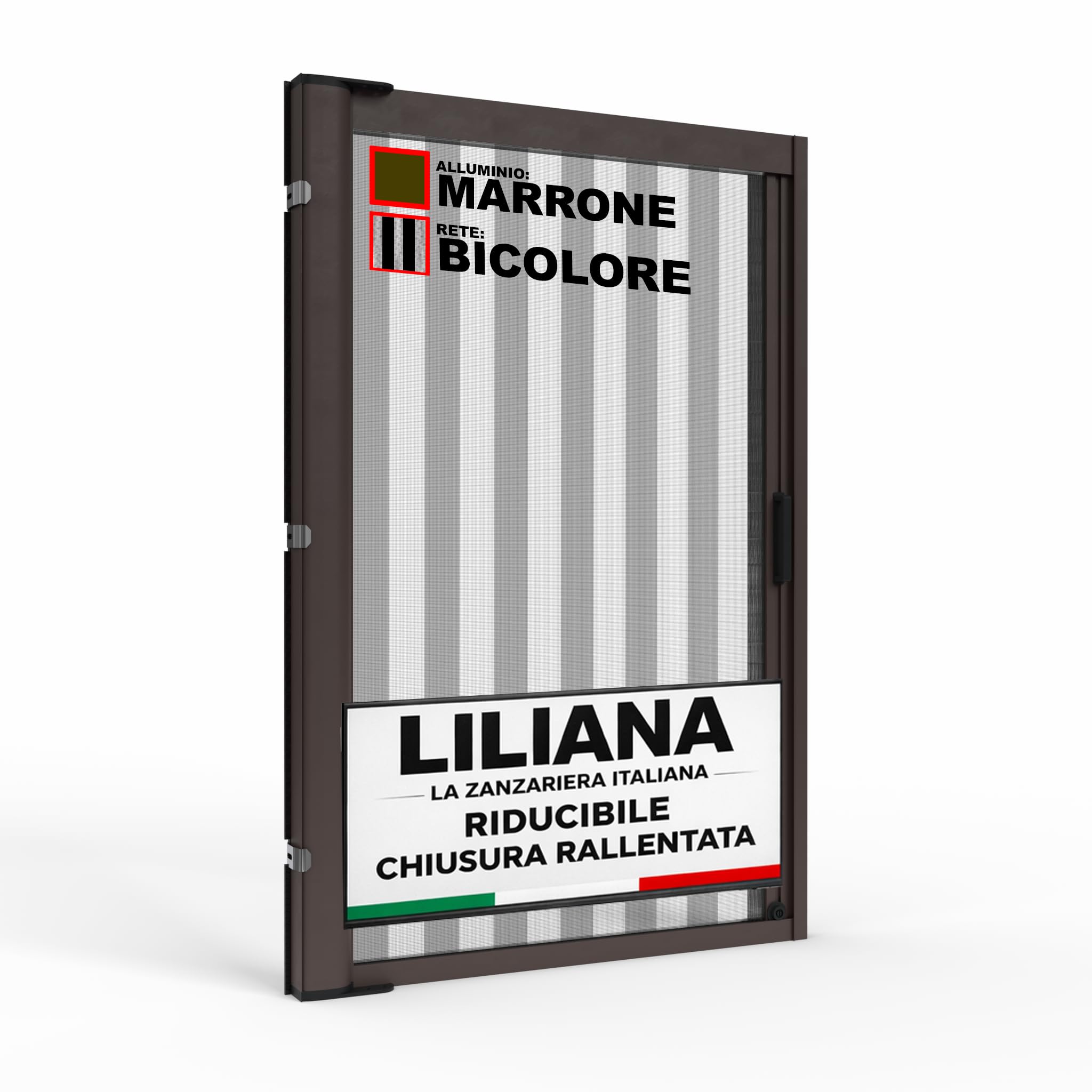 Zanzariera a Rullo "LILIANA" L 150 x H 250cm Laterale Riducibile per Porta Finestre Con Chiusura Rallentata e Magnetica - Marrone RAL8017 con Rete in Fibra di Vetro Bicolore - Made in italy