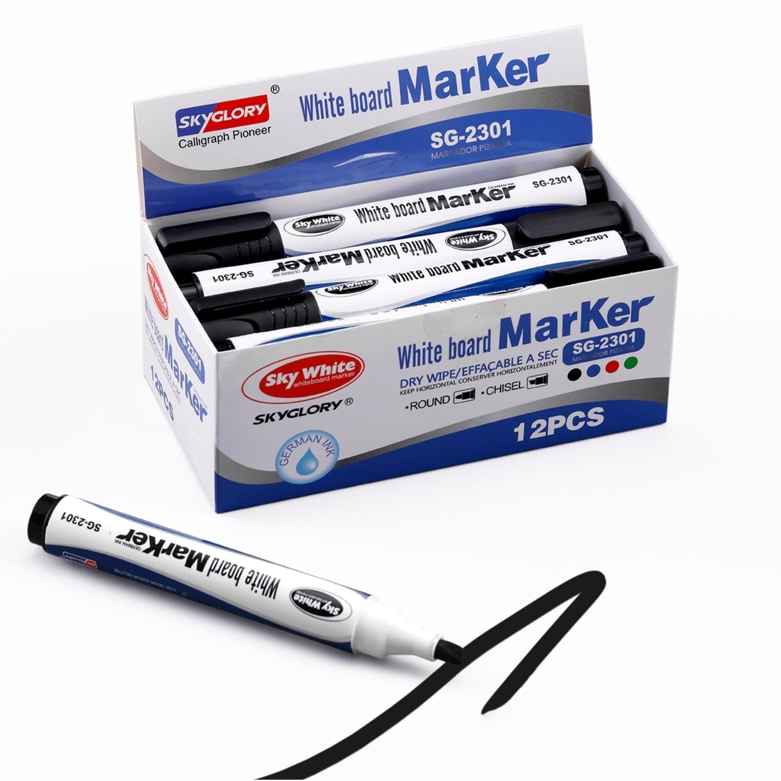 SKYGLORY 12 Black Chisel Tip Whiteboard Pens - Erasable Whiteboard Markers, Premium White Board Marker for Office Presentations (Black)