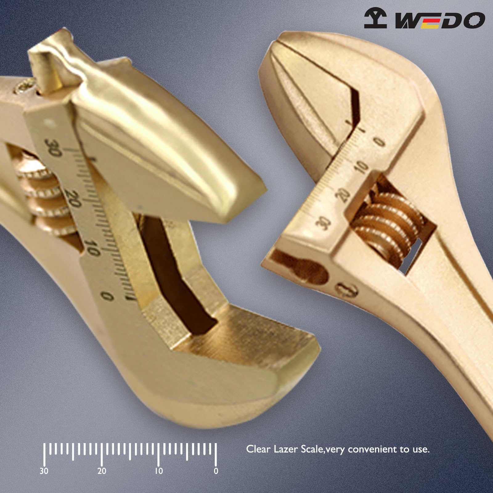 WEDO Nieiskrzący klucz nastawny, klucz do dużych obciążeń 30,5 cm, szeroki otwór szczękowy 36 mm, długość 300 mm, brąz aluminiowy, odporność na korozję, oznaczenie skali metrycznej, ergonomiczny