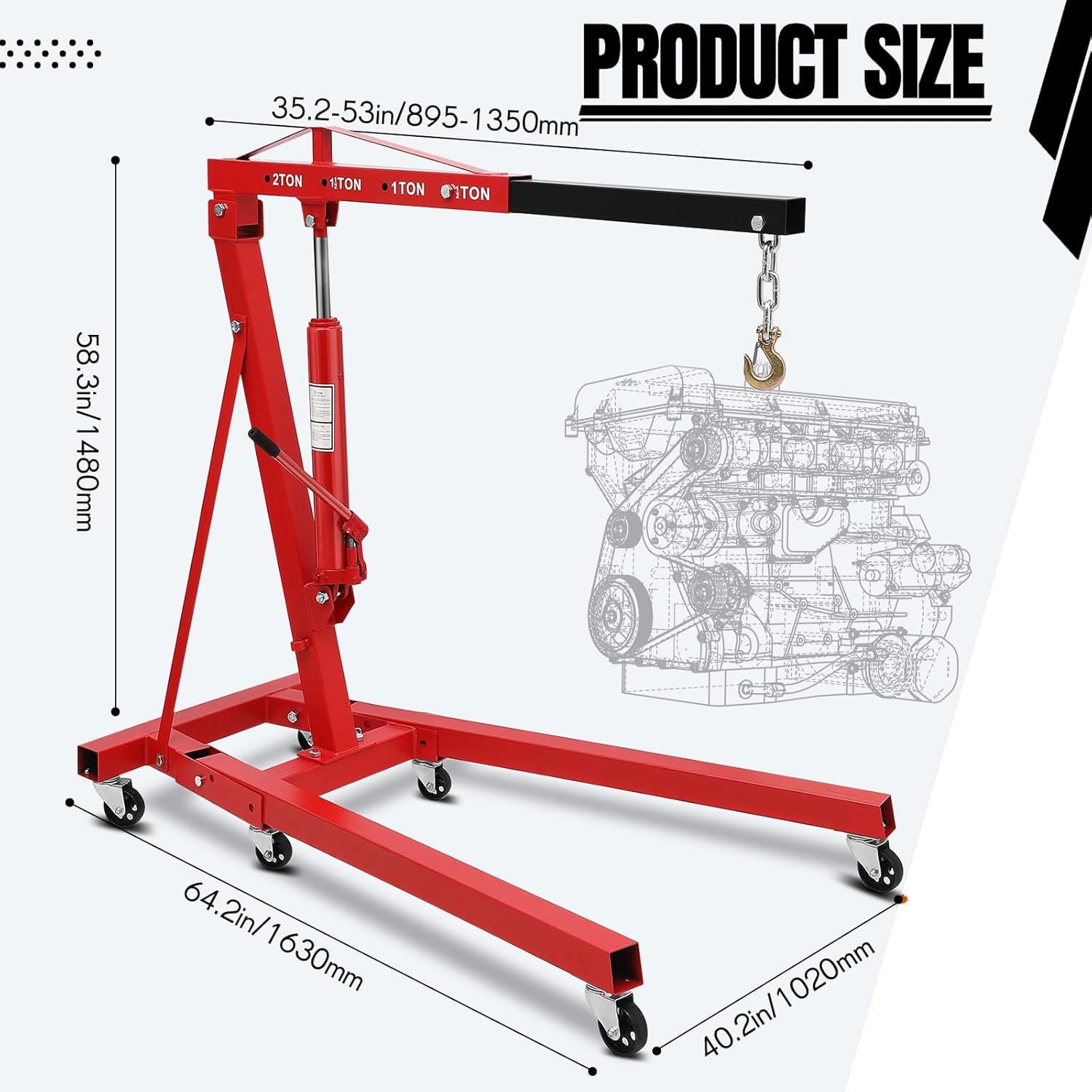 2 Ton Folding Engine Hoist, Cherry Picker Engine Hoist, Hydraulic Shop Crane with Telescoping Boom and 6 Caster for Automotive Repair