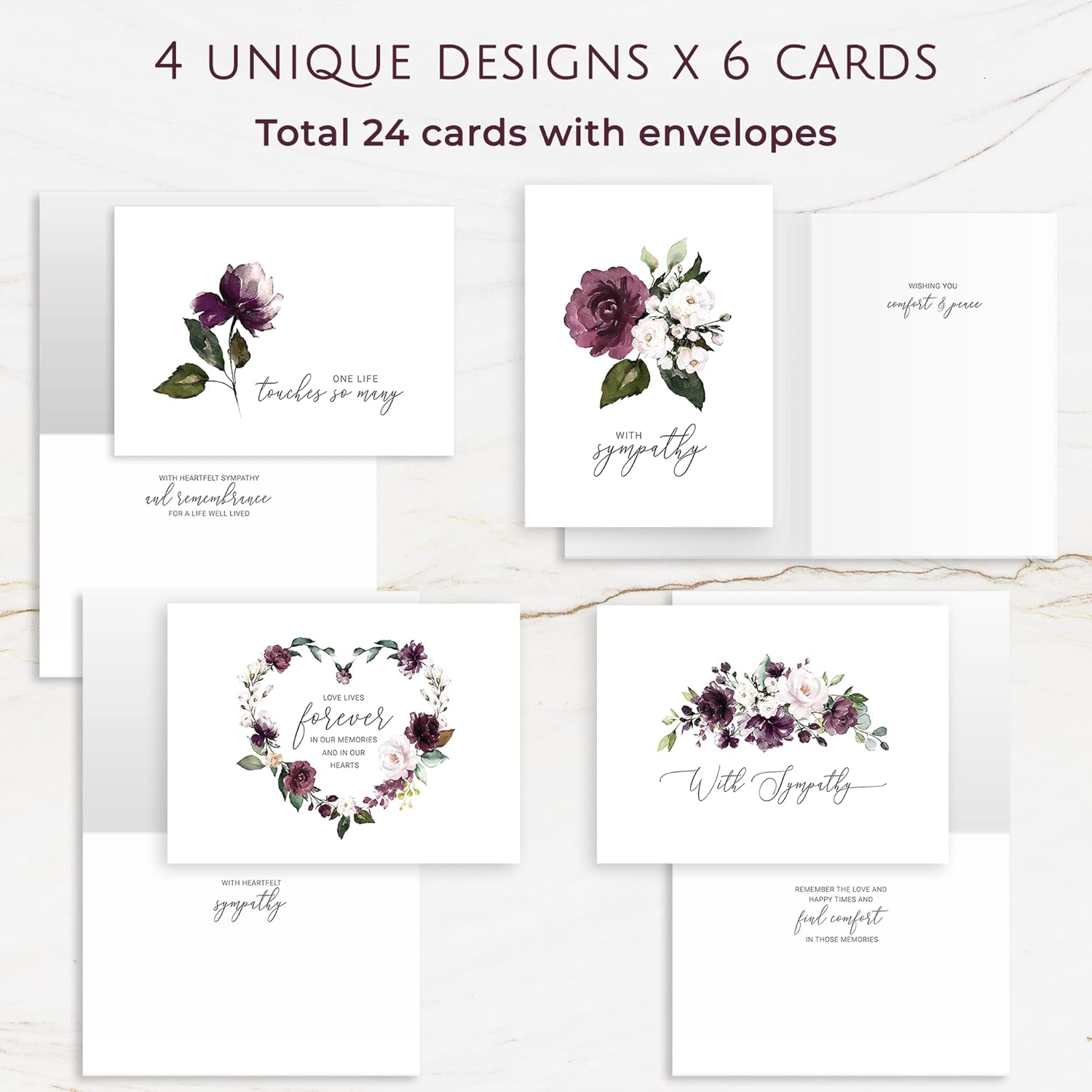Sympathy Cards with Envelopes - 24 Pre-Scored Sympathy Cards with a Sentimental Design and a Thoughtful Message - 4 Unique Condolences Card Designs (Purple) - Image 2