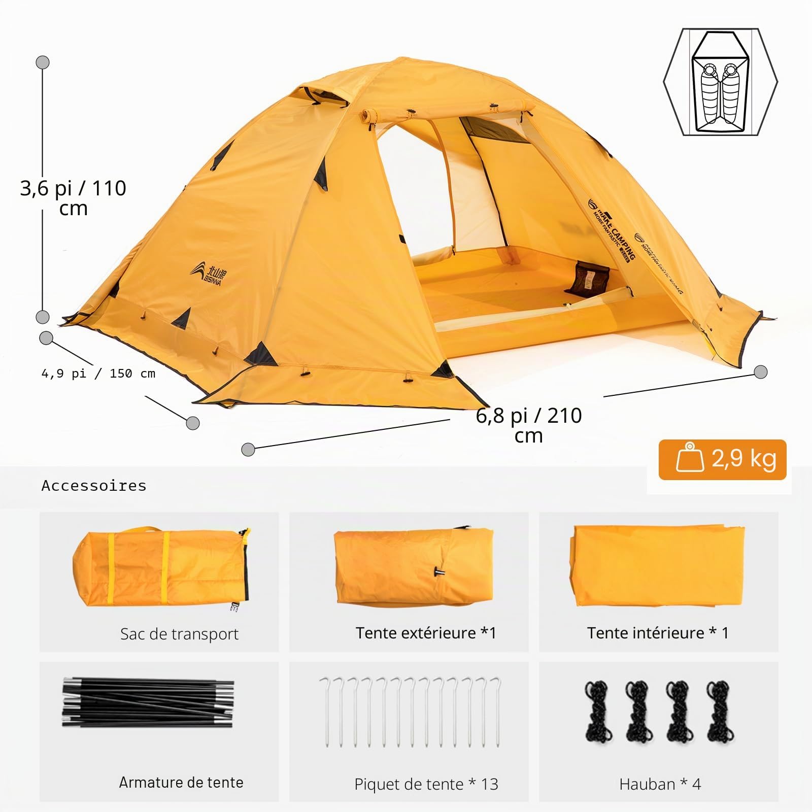 BISINNA Tente 4 Saisons pour la randonnée - Tente d'hiver légère pour 2 Personnes - Imperméable - Double Couche - Poteaux en Alliage d'aluminium - Facile à Installer pour Le Camping, la randonnée