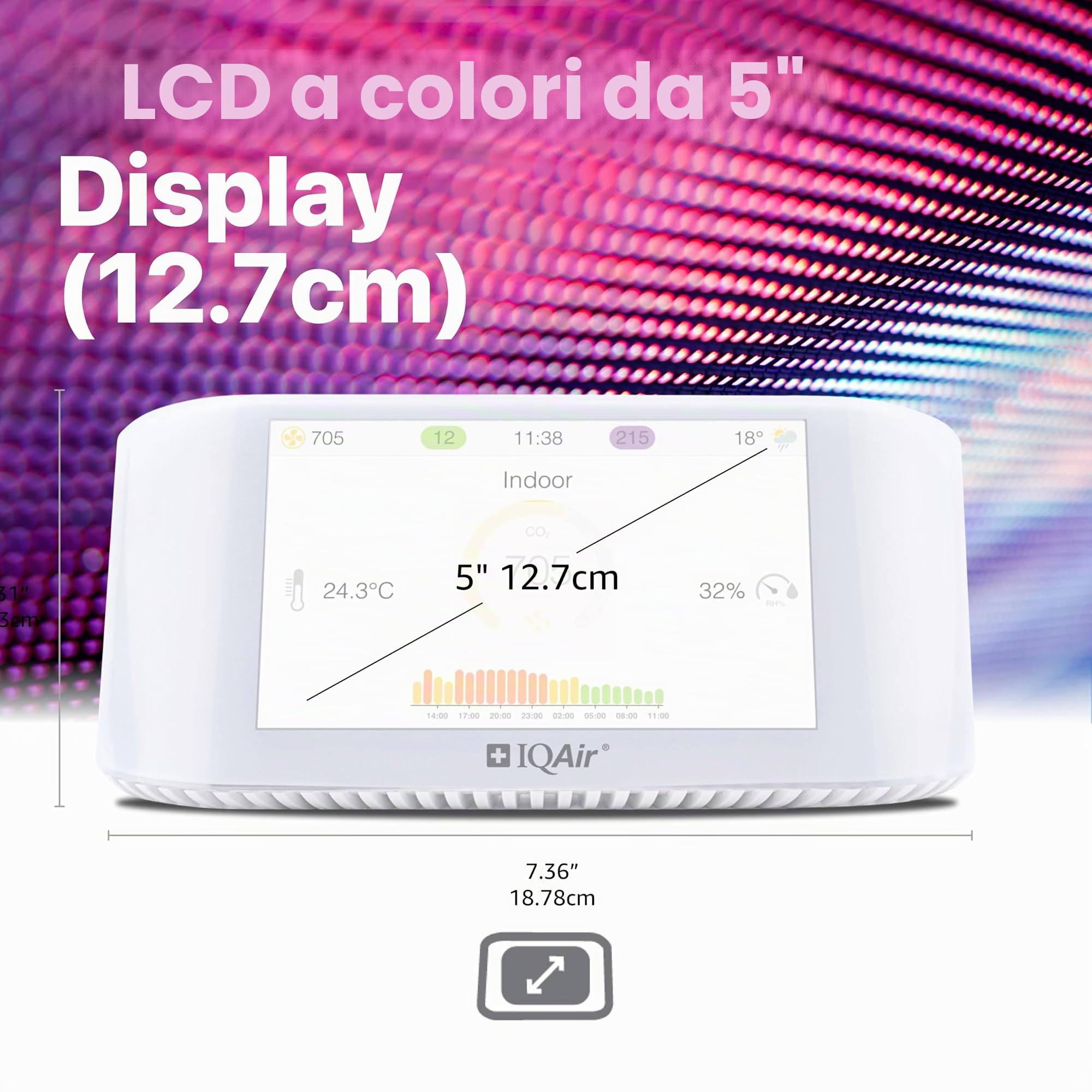 Misuratore di qualità dell'aria IQAir [PM2,5 polveri sottili, misuratore di CO2 con semaforo CO2, AQI, misuratore di temperatura e umidità], Smart Air Quality Monitor [Wi-Fi, WLAN, App]
