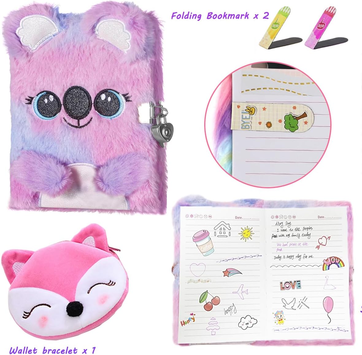 Girls Diary with Lock,Journal for Kids with Bookmarks Sticky Notes Pom Pom Pen Notebook for Writing and Drawing 160 Lined Pages Diary for Girls ages 6-8 - Image 6