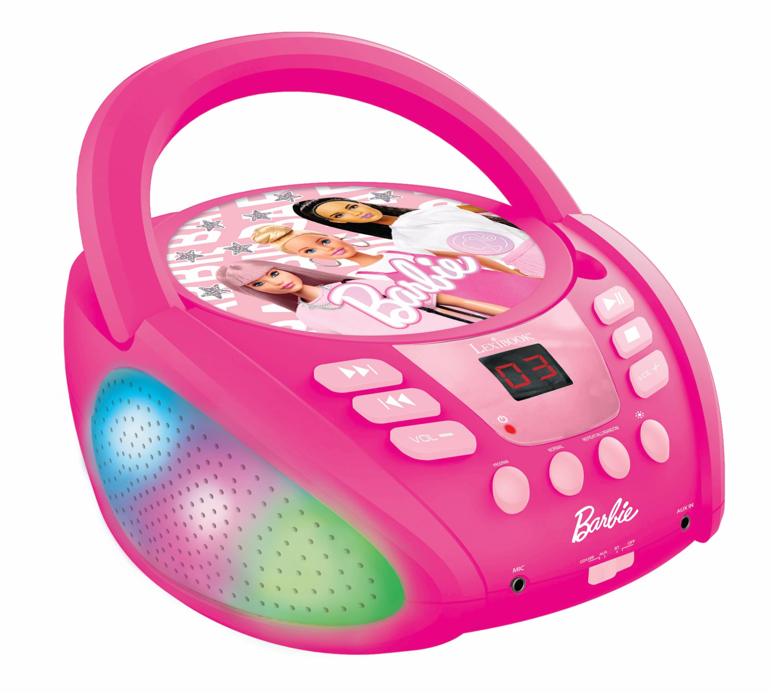 Lexibook - Barbie - Bluetooth CD player for kids – Portable, Multicoloured light effects, Microphone jack, Aux-in jack, AC or battery-operated, Girls, Boys, Pink, RCD109BBLXB