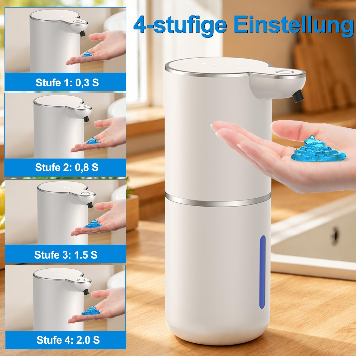 Amyzavls Seifenspender Automatisch für Flüssigetyp, Wandbefestigung Berührungslos Elektrischer Seifenspender mit Sensor, 4-stufige, USB Wiederaufladbar, 380ml, für Bad, Küche und Toilette, Perlweiß