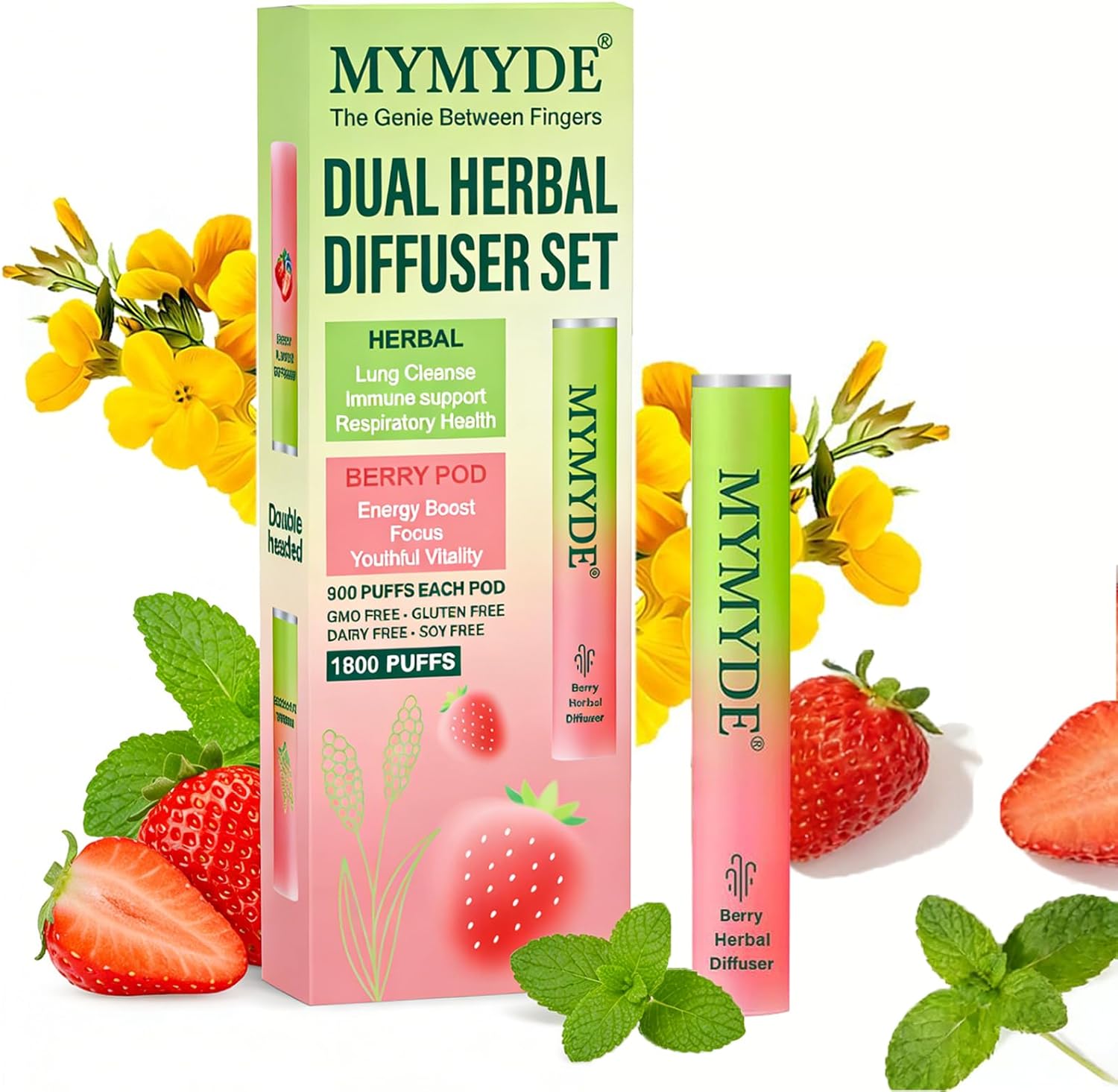 Mullein Herbal Diffuser Pen Stick for Stop Smoking Aid, Lung Detox, Freshens Breath,Oral Freshening,All-Natural with Thyme & Mint & Strawberry - Upgraded to 1500+ Uses (Double Flavor)