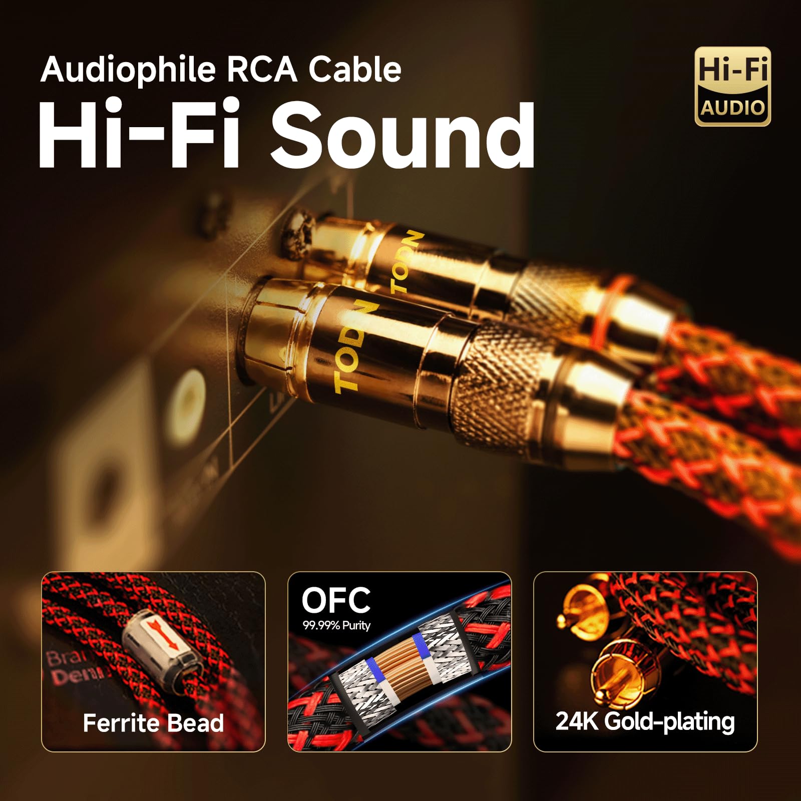 TODN Audiophiles - Cable de audio RCA a 3,5 mm con OFC de 4 núcleos, cable RCA a AUX blindado para smartphone/tabletas a altavoz/amplificadores/estéreo (1,5 m)