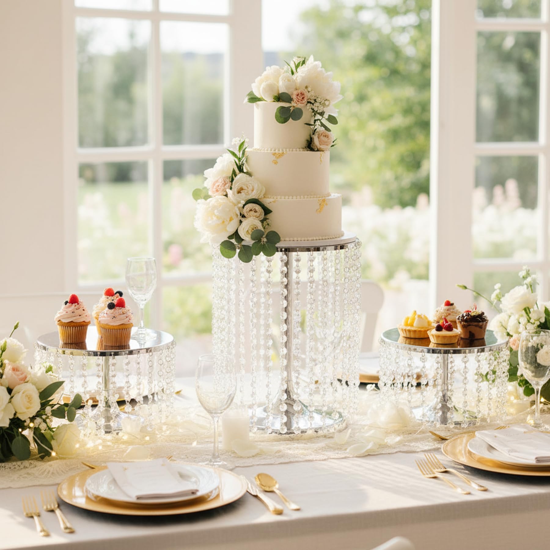 LoveCat Kuchen Ständer, Runde Metall Kuchen Stand, Acryl Anhänger Kuchen Display Ständer, Charming Kuchen Halter Racks für Geburtstagsparty Bankett Hochzeit Jubiläum Weihnachten (Silver, 3 pcs)