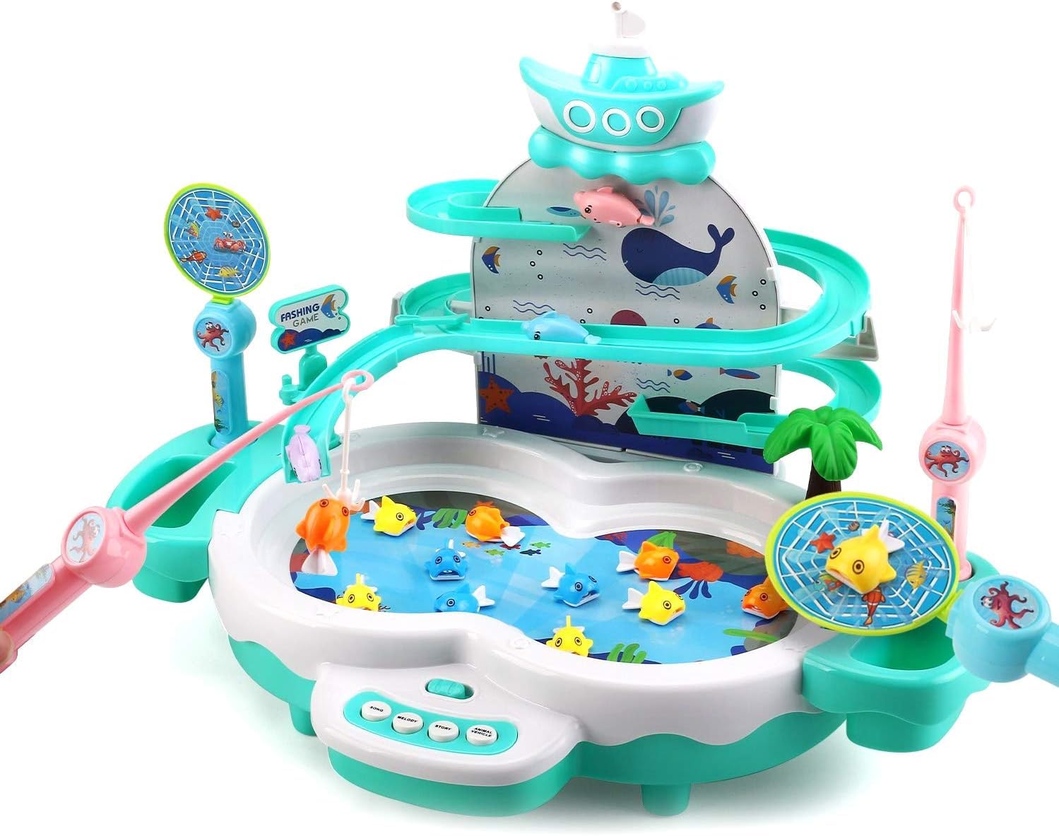 ARNIYAVALA Fishing Game Toys with Slideway,Electronic Toy Fishing Set with Magnetic Pond,10 Fish,3 Magnetic Dolphins,2 Toy Fishing Poles,Learning Educational Toys with Music Story for Kids Toddler (B0CTXC6XBJ) Amazon Price History, Amazon Price Tracker