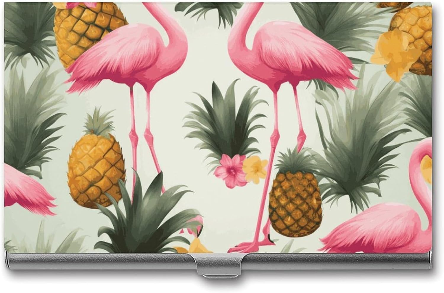Flamingos And Pineapples Business Card Case Metal Slim Business Card Holder Professional Name Card Holder Pocket Metal Case Business Card Wallet Pocket Wallet Name Card Case for Women Men