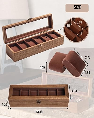 Miniatura 6 de Caja de reloj para hombres y mujeres, tapa de cristal grande, caja de almacenamiento de madera con 6 ranuras, organizador retro Burlywood