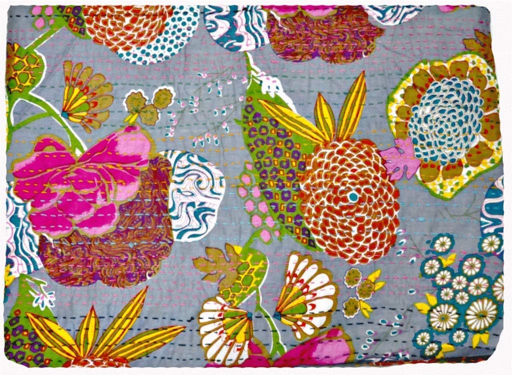 Cotton Kantha Blanket Queen Bedspread Quilt Coverlet Gray Traditional Indian Hand Stitched Tropical Fruit Print Throw Bedding (90x 108 Inch)