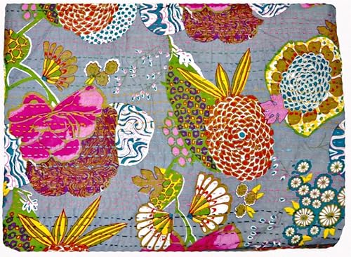 Miniatura 6 de Colcha reversible con patrón de frutas indias de algodón puro Gudri blanco estilo Kantha tamaño Queen, colcha de cama con estampado floral y frutal,