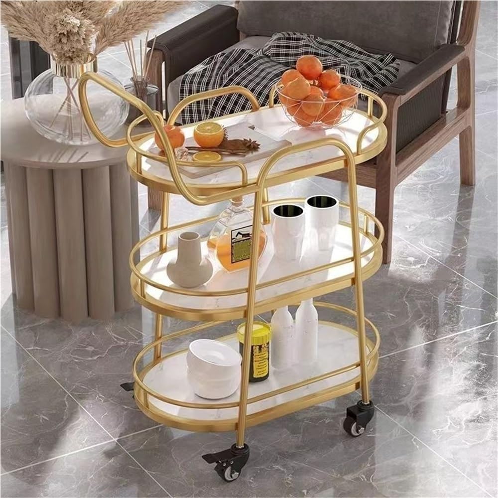 Gold Bar Carts with 3 Tier Storage Shelves, Utility Bar Cart with Wheels and Handle, Restaurant Service Cart, Food Cart for Home Kitchen, Bar, Dinning Room(White)