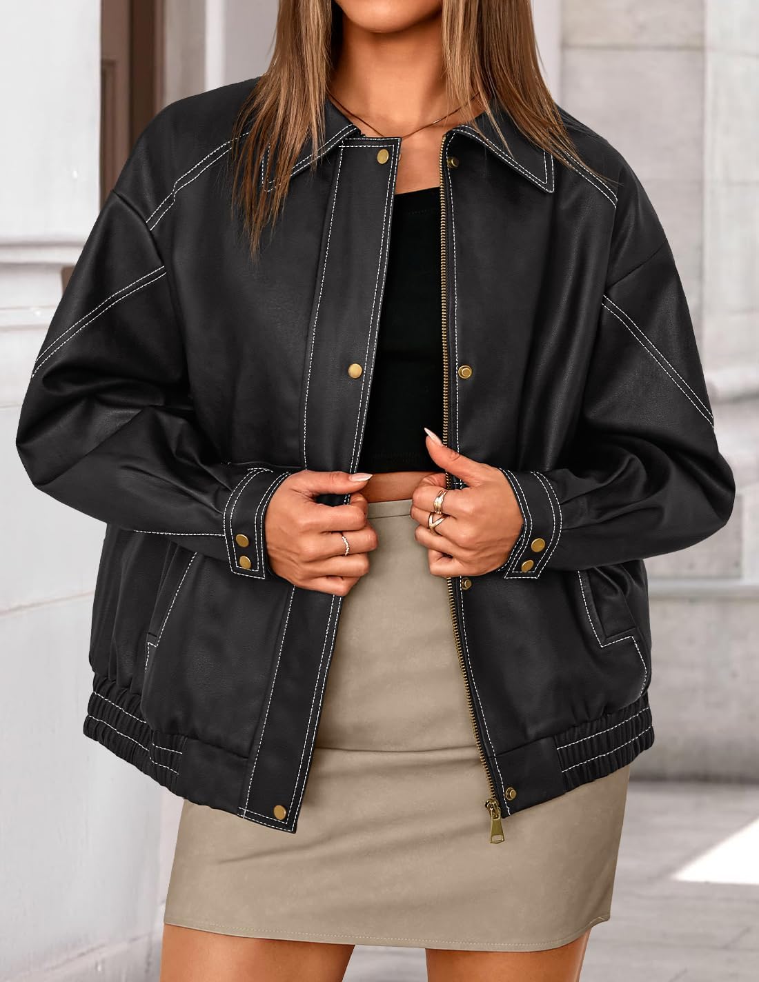 ZESICA Women's Faux Leather Jacket Oversized Zipper Motorcycle Coats 2026 Spring Fashion Trendy Clothes Outfits - Image 2