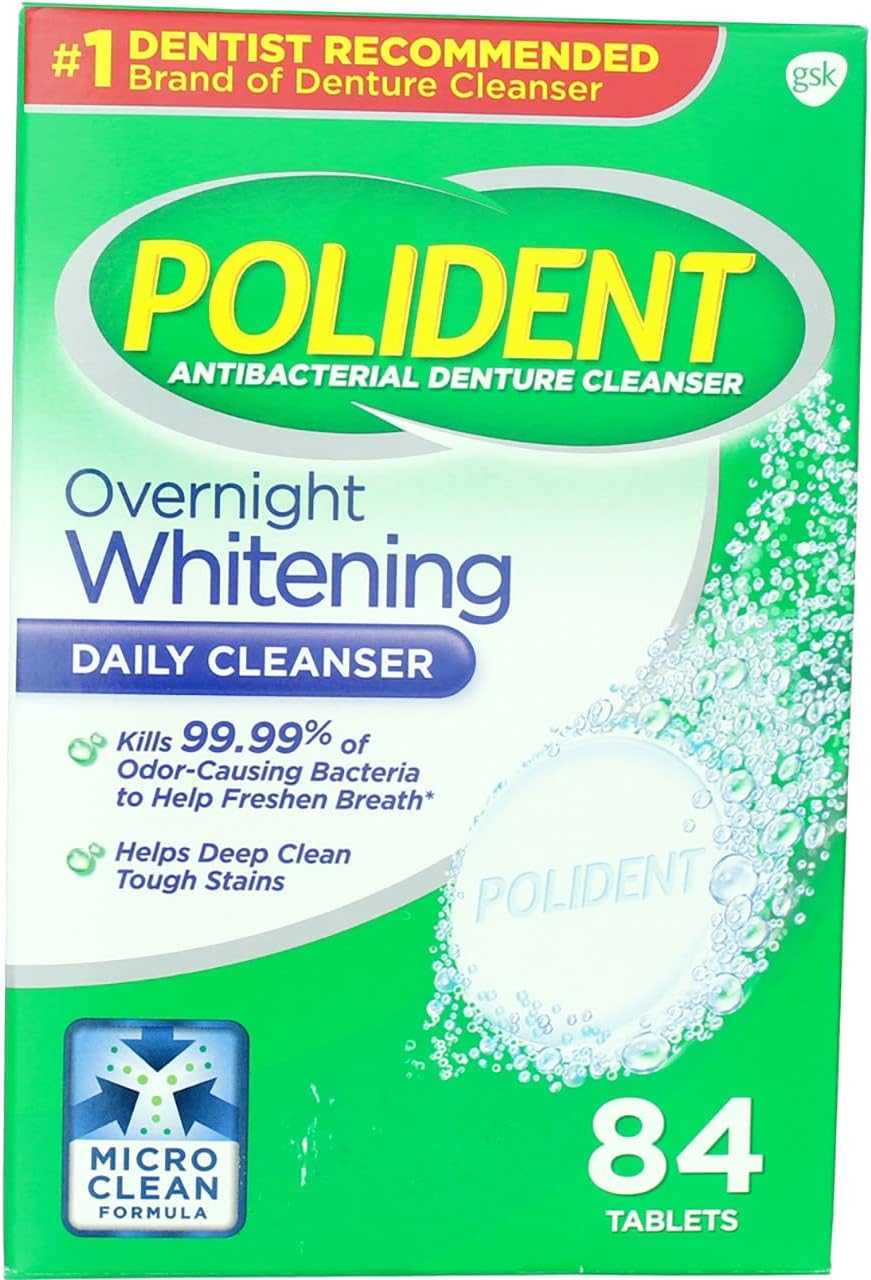 Polident Overnight Whitening Antibacterial Denture Cleanser Effervescent Tablets, 84 count (Pack of 3)