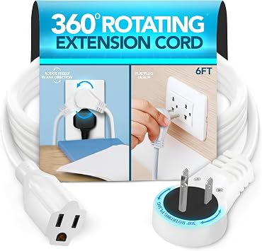 6 Ft Extension Cord 360 Rotating Flat Plug, 16 AWG, Slim White Power Cable for Tight Spaces, ETL Certified for Indoor & Office Use