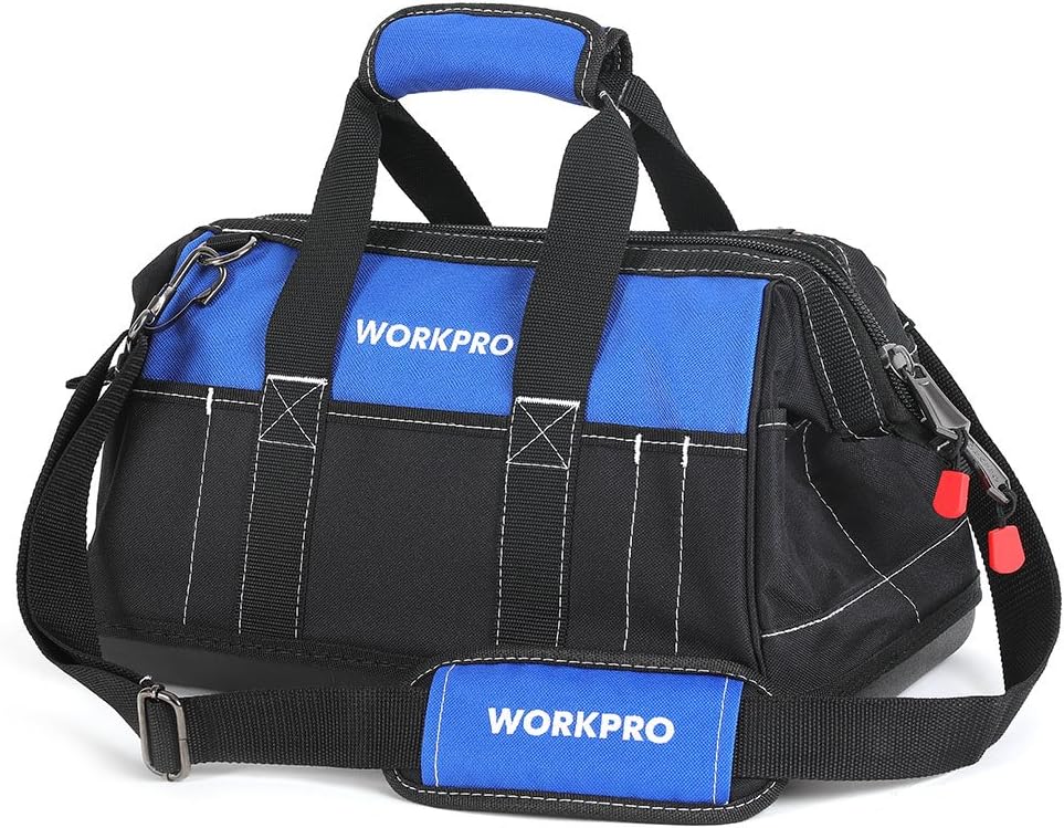 Tool Bag 40 cm, Multi-pockets Heavy Duty Tool Bags with Waterproof Plastic Hard Base, Wide Open Mouth Heavy Duty Electricians Tool Bag with Adjustable Shoulder Strap