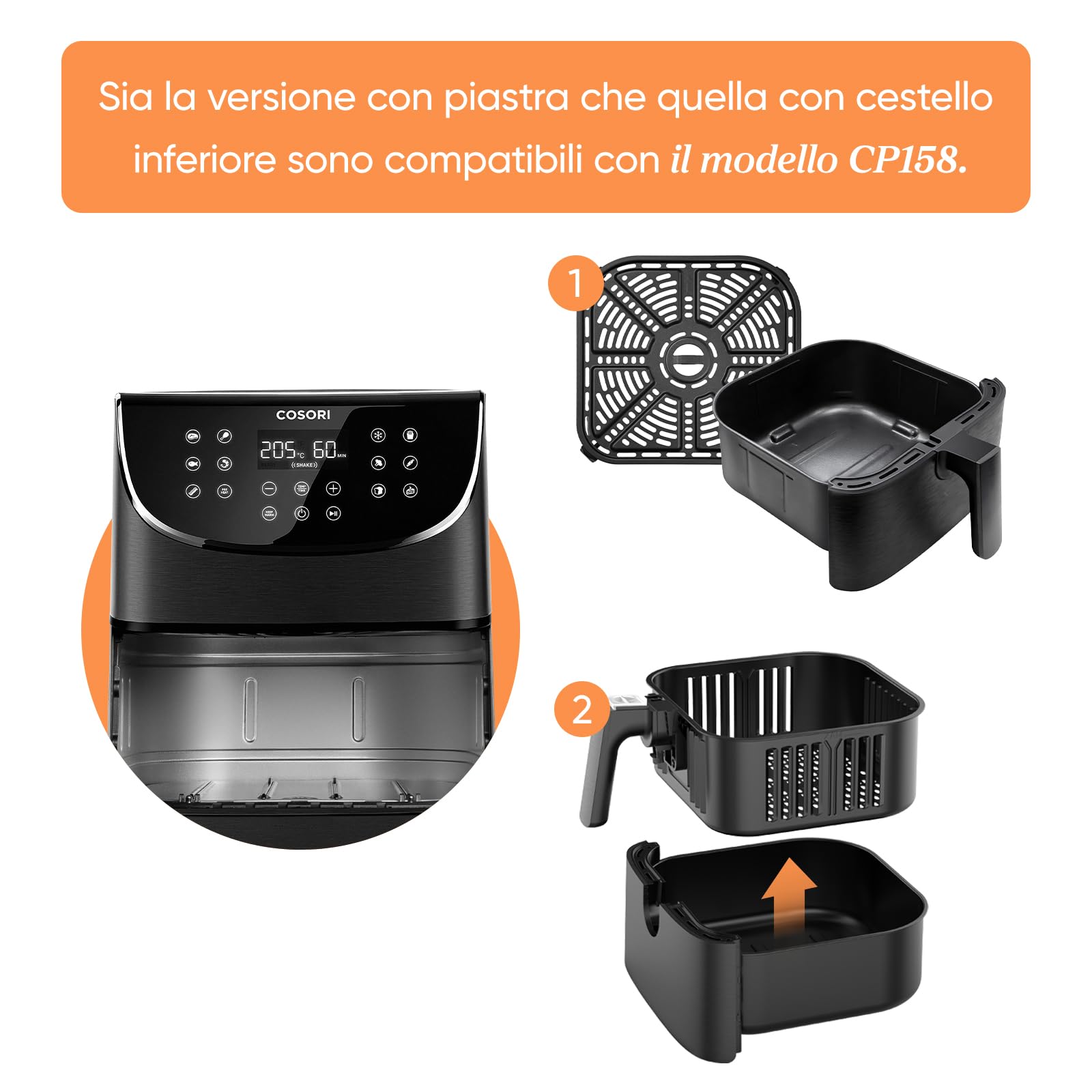 COSORI Friggitrice ad Aria CP158 5,7L Cestello Originale, Rivestimento Ceramico No PFAS, Accessori di Ricambio per Air Fryer CP158-AF, Antiaderente, Lavabile in Lavastoviglie, Grigio