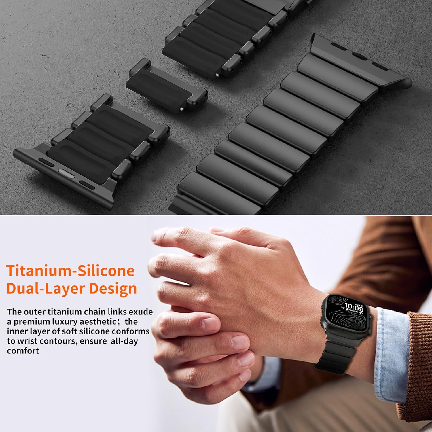 Titanium Band Compatible with Apple Watch Bands Ultra 3/2/1 49mm 46/45/44mm for Men Women, Titanium-Silicone Dual-Layer Luxury Link Bracelet with Magnetic Clasp for iWatch Series 11 10 SE 9 8 7 6 5 4