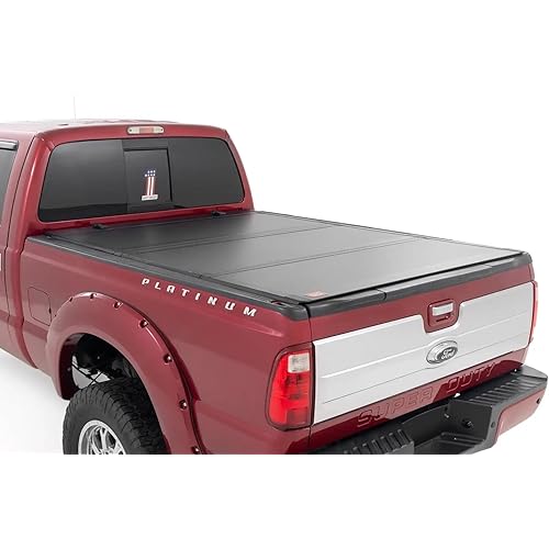 Rough Country Hard Tri-Fold Flip Up Truck Bed Tonneau Cover for Ford F-250/F-350 Super Duty (1999-2016) - Fits 6'10 (81.0-82.4") Bed, All-Weather, Flush Aluminum Panels