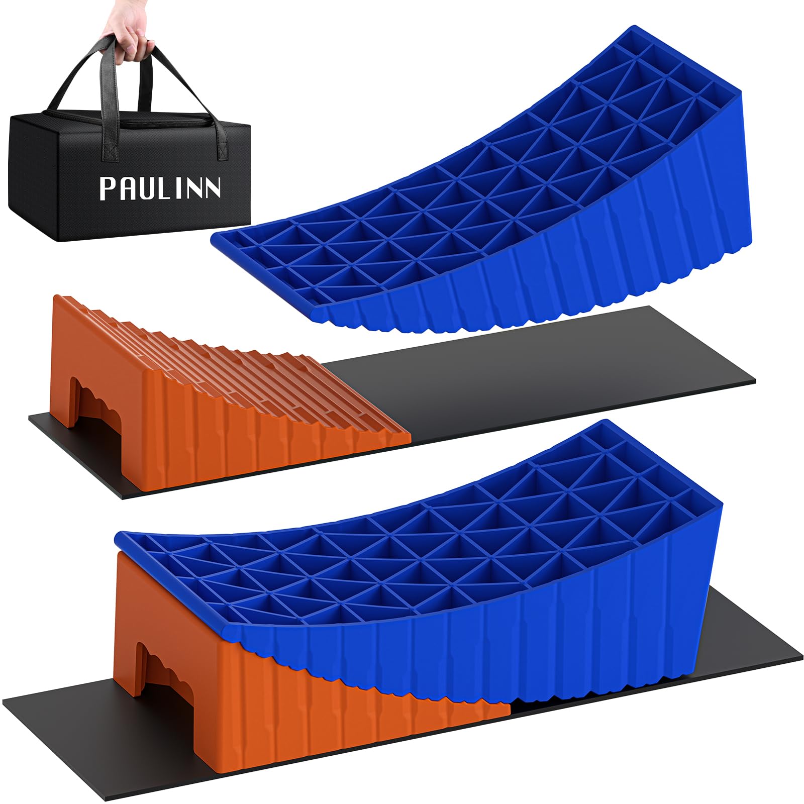 PAULINN RV Camper Levelers, 2 Packs RV Leveling Blocks Heavy Duty & Upgraded Up to 35,000 lbs, Curved Leveling RV Accessories with 2 Anti-Slip Mats & Carrying Bag, Faster & Easier to Level