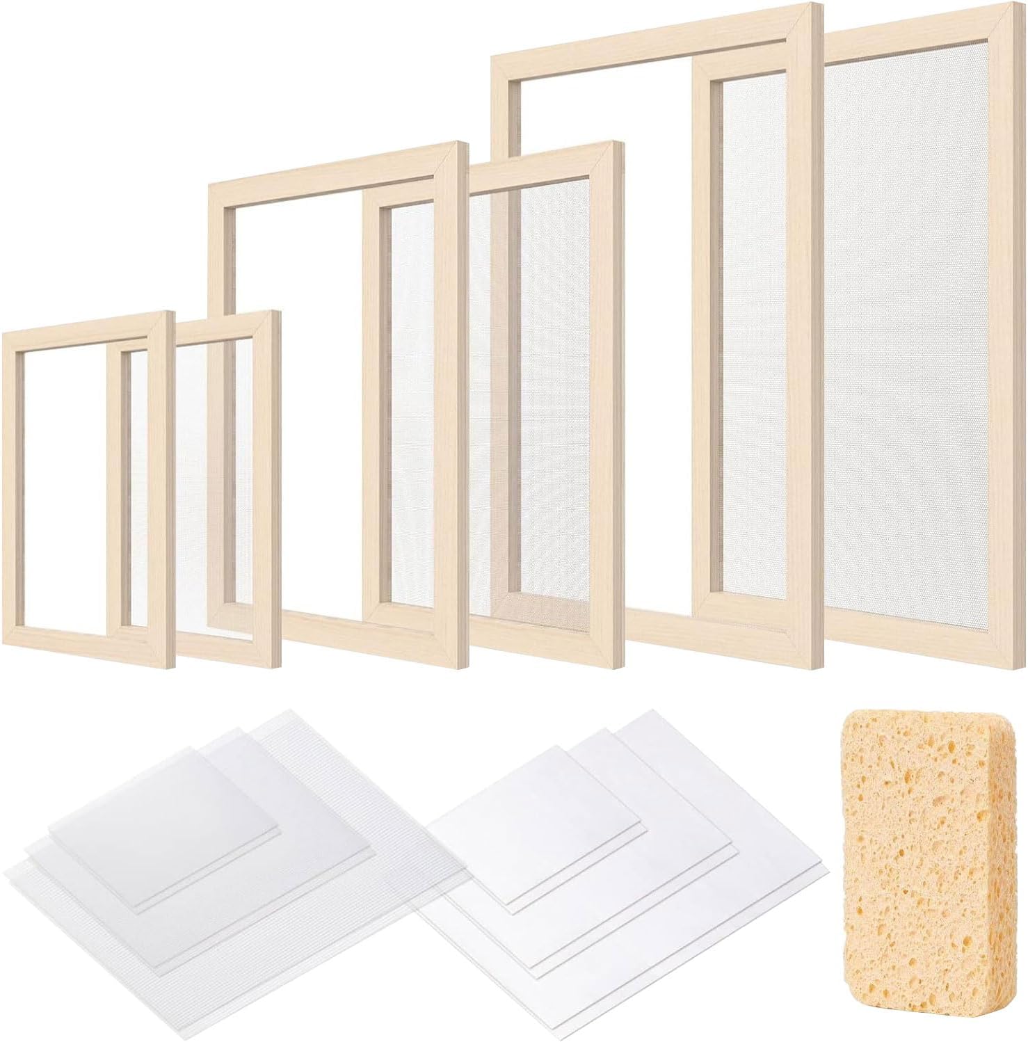 Paper Making Set with 3 Size Wooden Frame Gridded Screen Absorbent Paper and Sponge for Bookmarks Greeting Card Craft Supplies