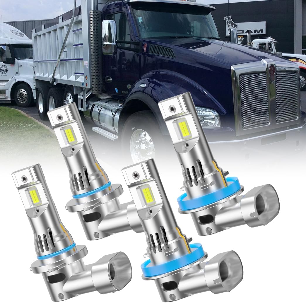 Light Bulbs for KENWORTH T680 T880 2013-2019 Semi Turck, 6500K White 9005 High & H11 Low Beam Replacement, 55W Ultra Bright with Built-in Fan, 4-Pack