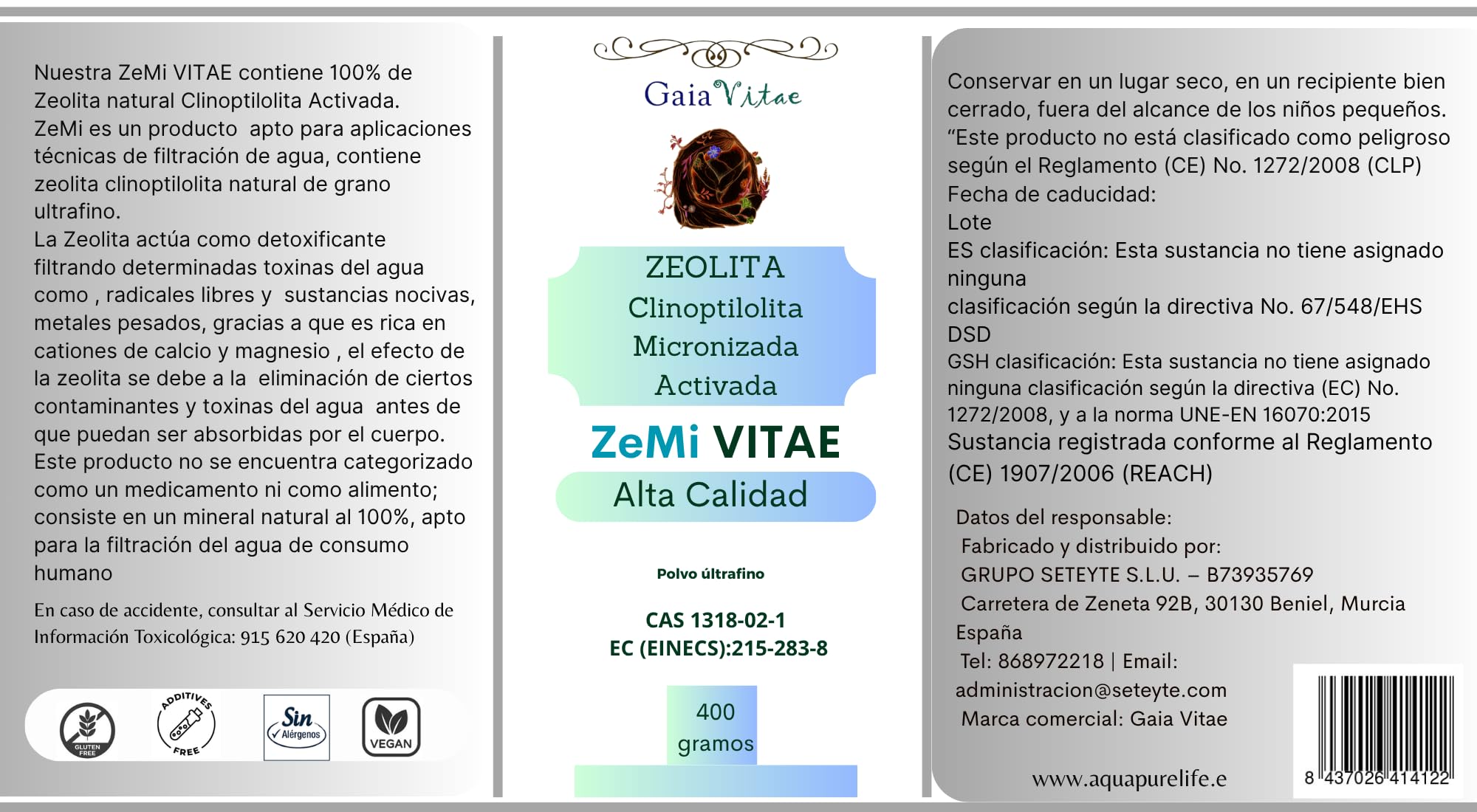Gaia VITAE® Zéolite Clinoptilolite micronisée activée - Poudre ultra-fine < 20 µm - 100% naturelle - Haute pureté - 200 g / 400 g