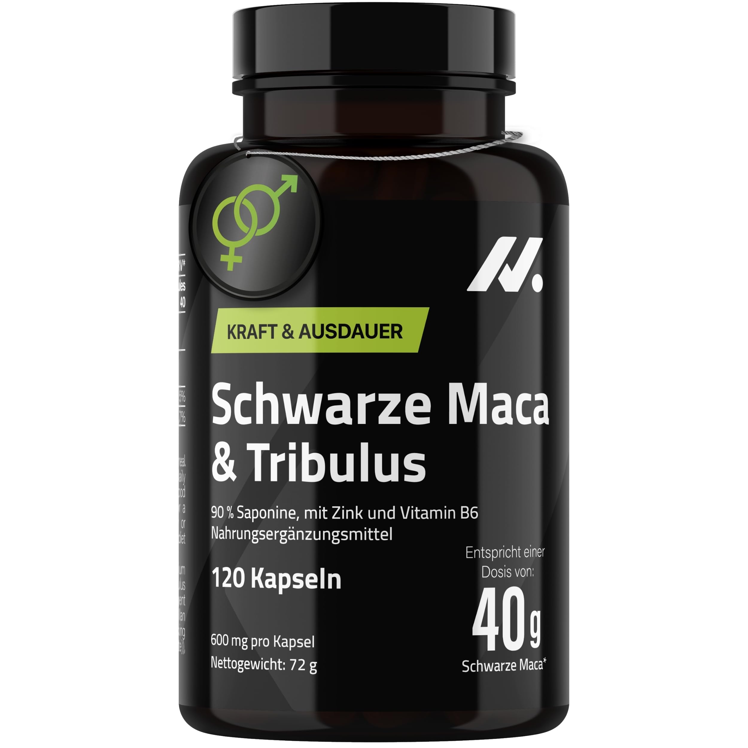 Tribulus Terrestris 90% Saponine & Maca Schwarz Kapseln 40.000 mg hochdosiert – Formel für Energie, Vitalität & Potenz – mit Zink, Vitamin B6 & Maca Pulver – 120 vegane Kapseln - Nyvos