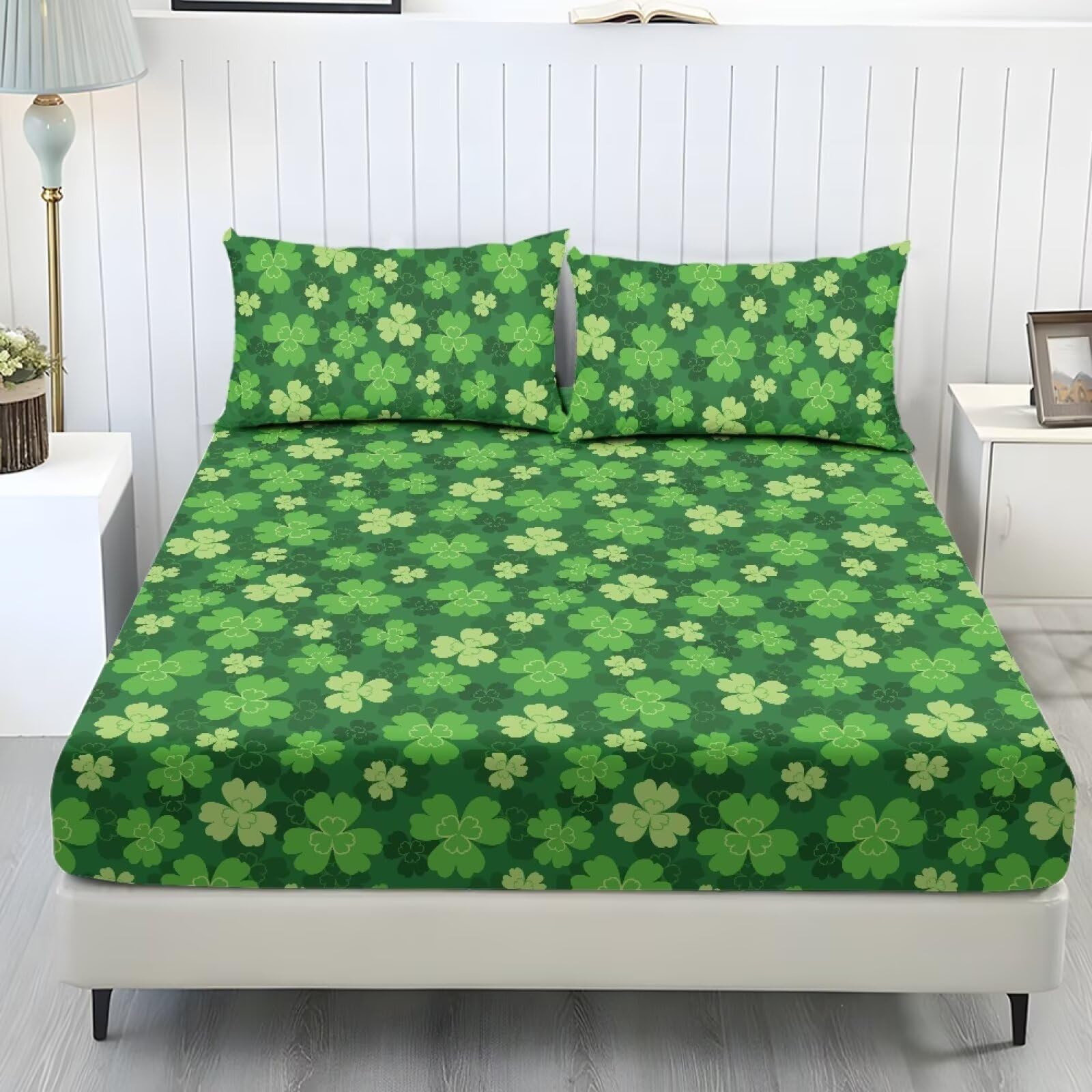 Wanyint Full Size Sheet Set Soft Wrinkle Free 3 Pieces Bed Sheets Set with Deep Pocket Bedsheet & Pillowcases Home Decor for Full Size Bed for St. Patrick's Day Decor, Green Shamrock