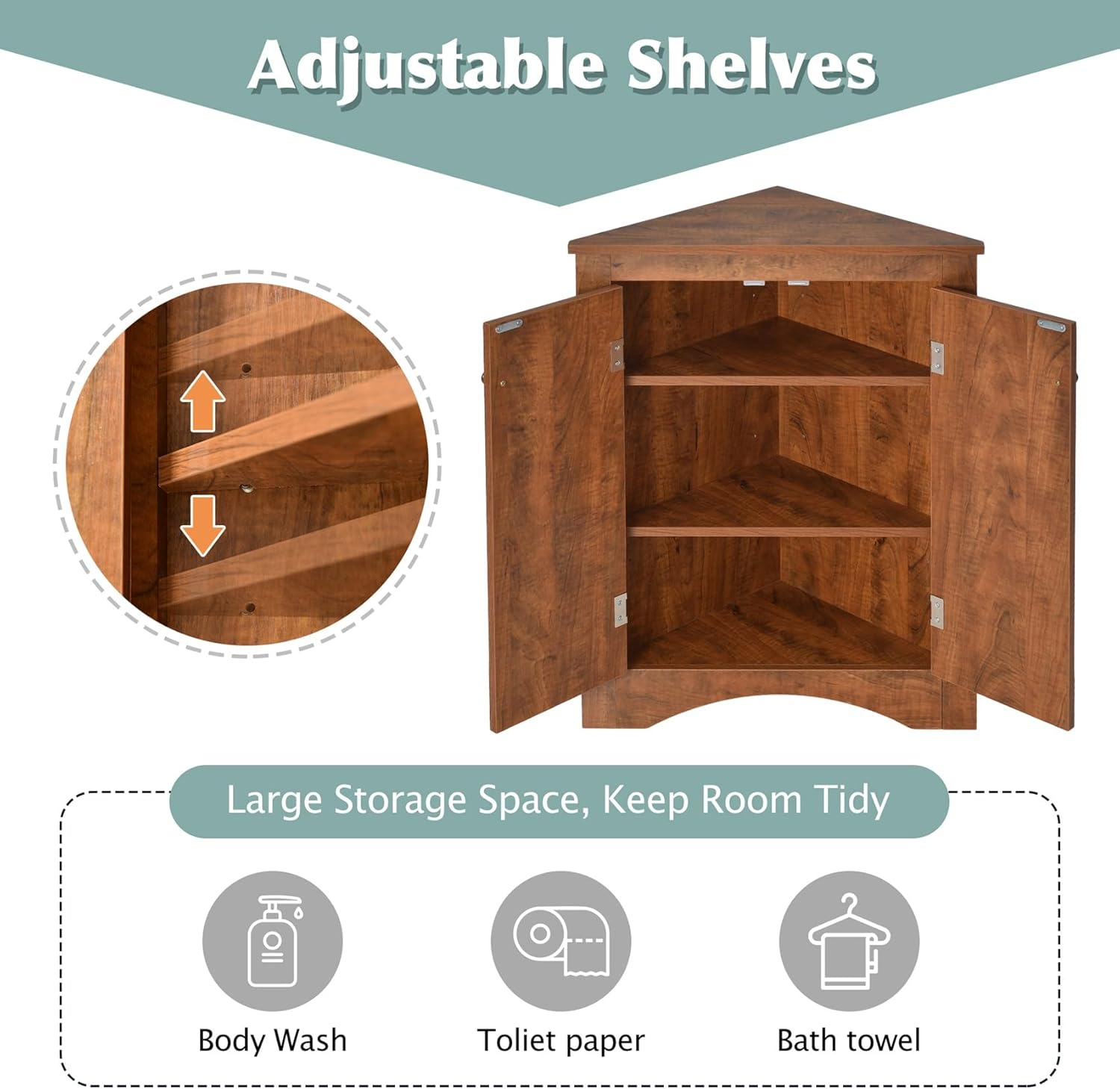 Corner Cabinet With Doors, Bathroom Storage With 2 Adjustable Shelves, Floor Cabinet for Kitchen, Living Room (Brown)